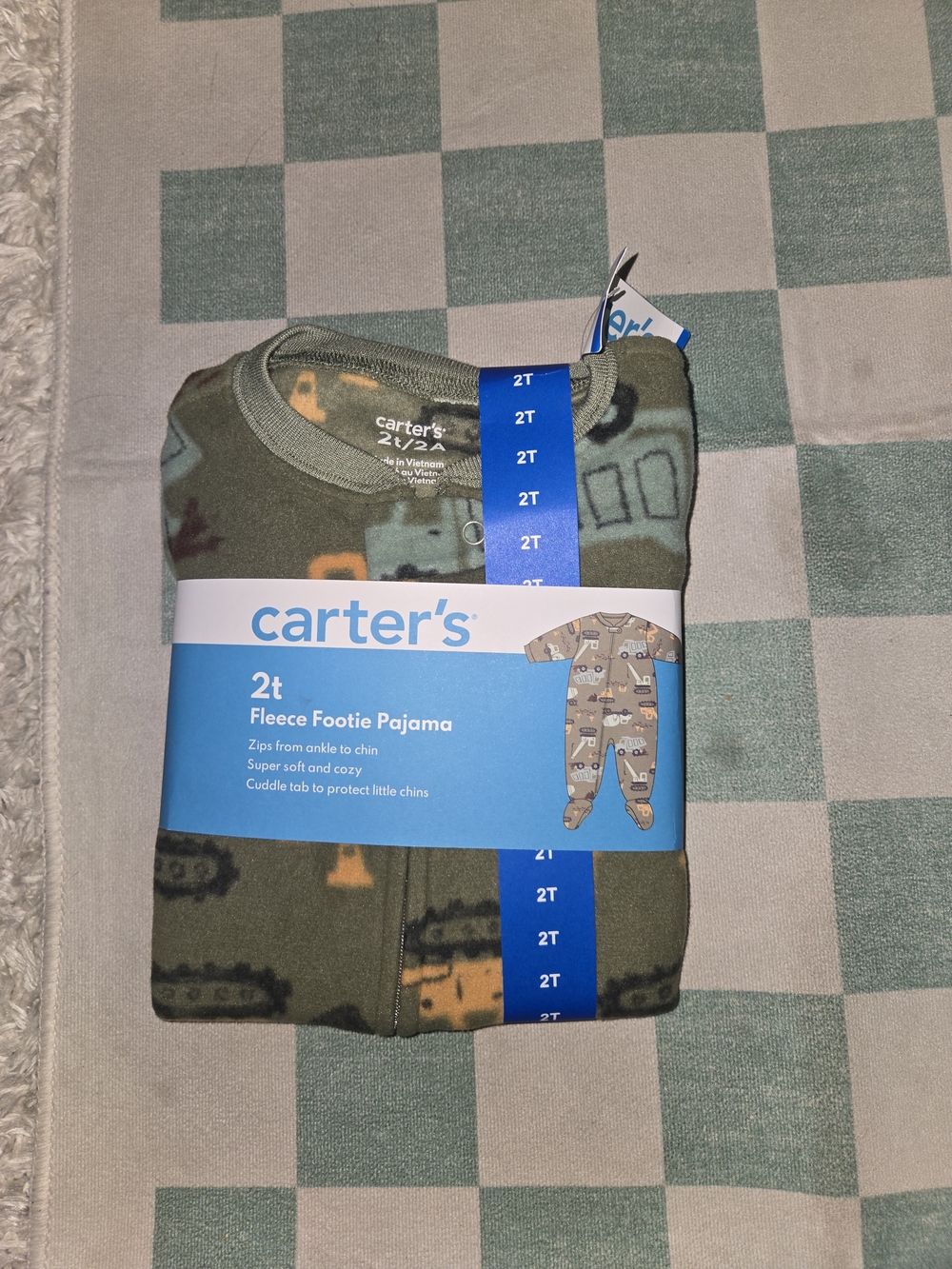 Carter's Olive Green Fleece Footie Pajama with Vehicle Print